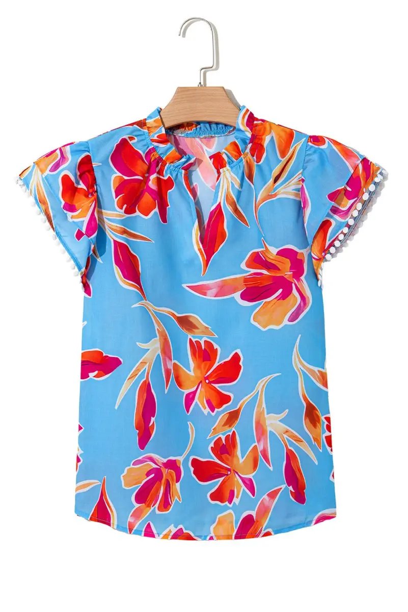 Sky Blue Floral Print V Neck Pompom Trim Flutter Sleeve Blouse - Love Salve